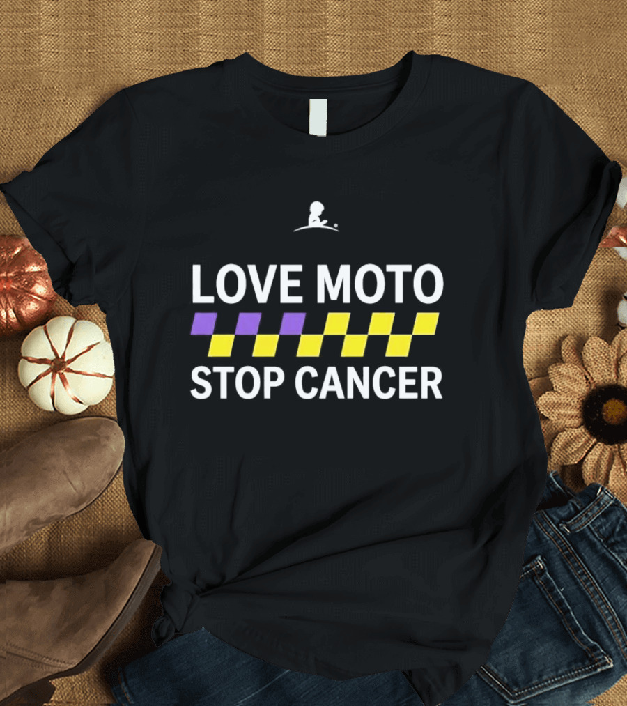 Love Moto Stop Cancer St. Jude Purple Yellow Checkered Racing T-Shirt
