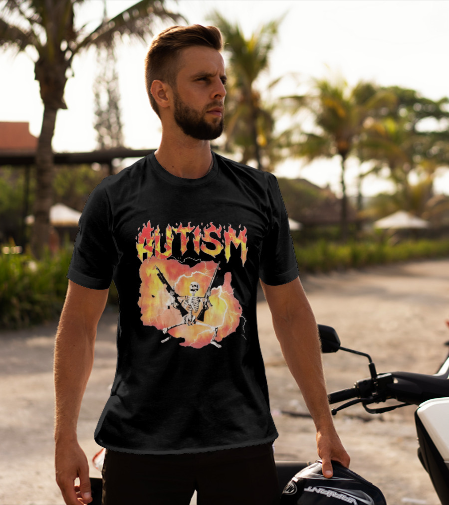Autism Flaming Skeleton Meme Guns Edgy Fire T-Shirt