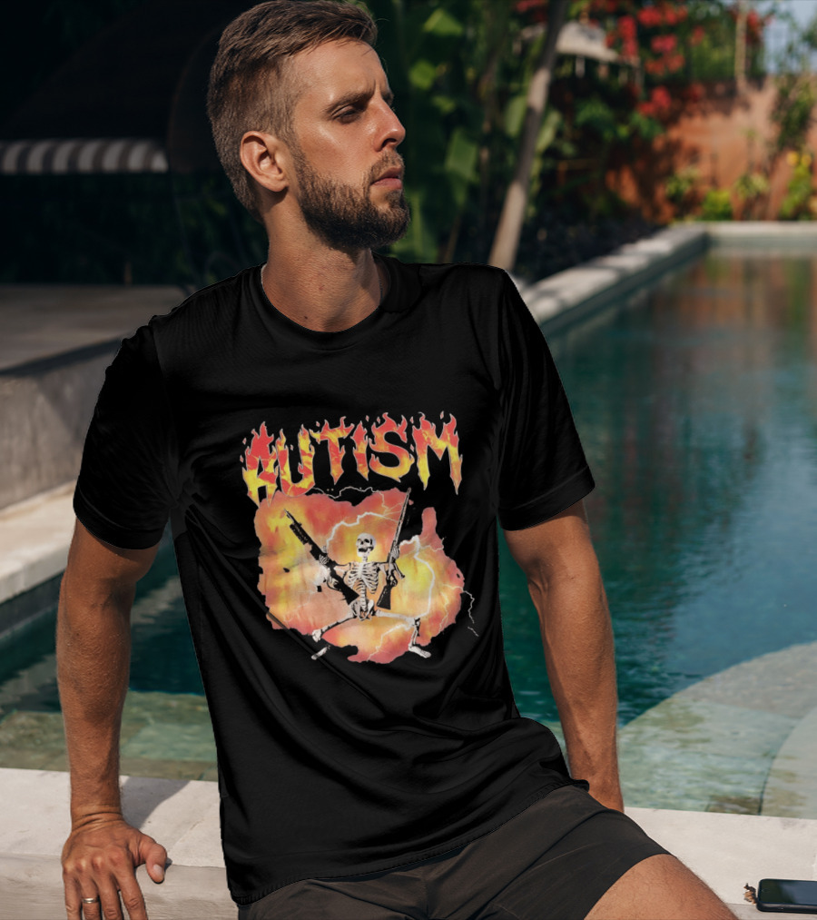 Autism Flaming Skeleton Meme Guns Edgy Fire T-Shirt