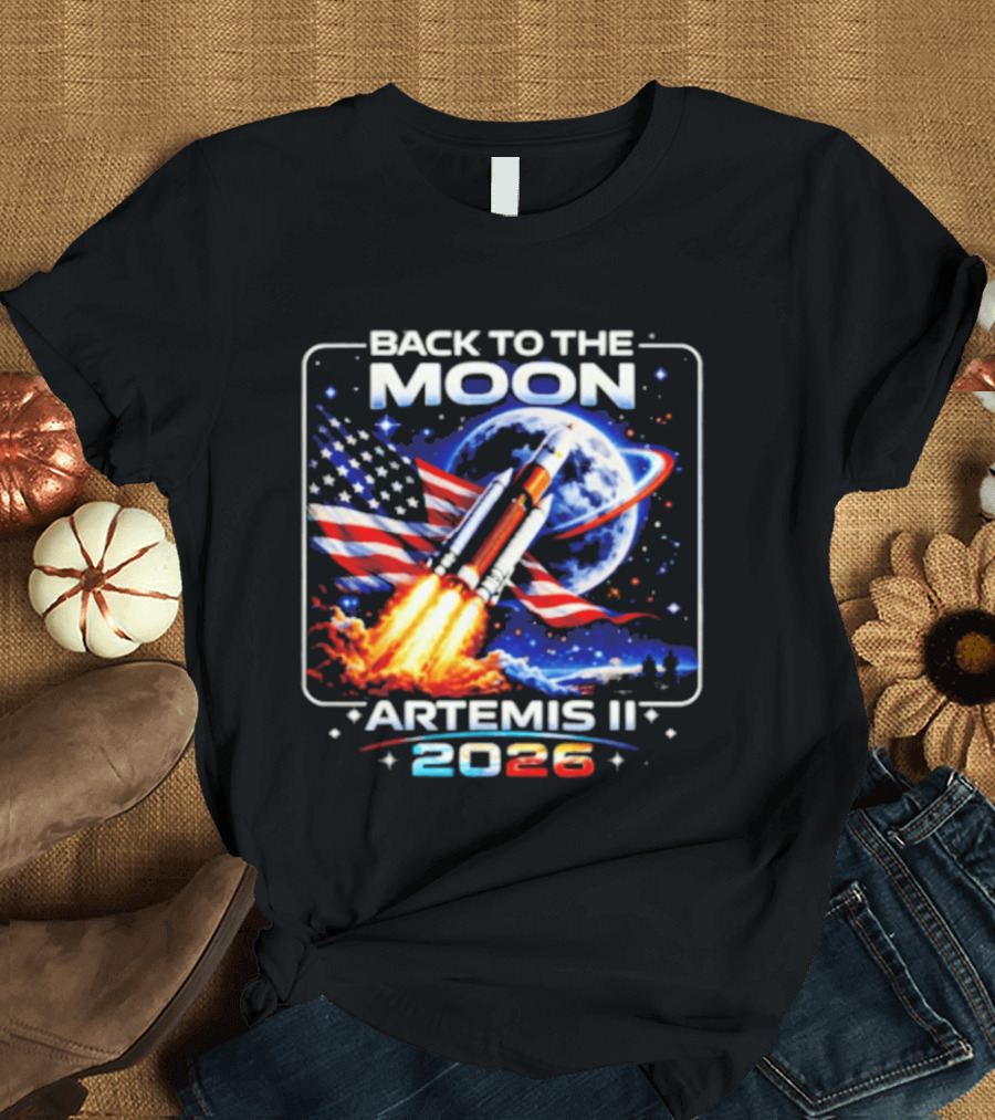 Back To The Moon Artemis II 2026 Rocket Launch Space Mission USA Flag T-Shirt