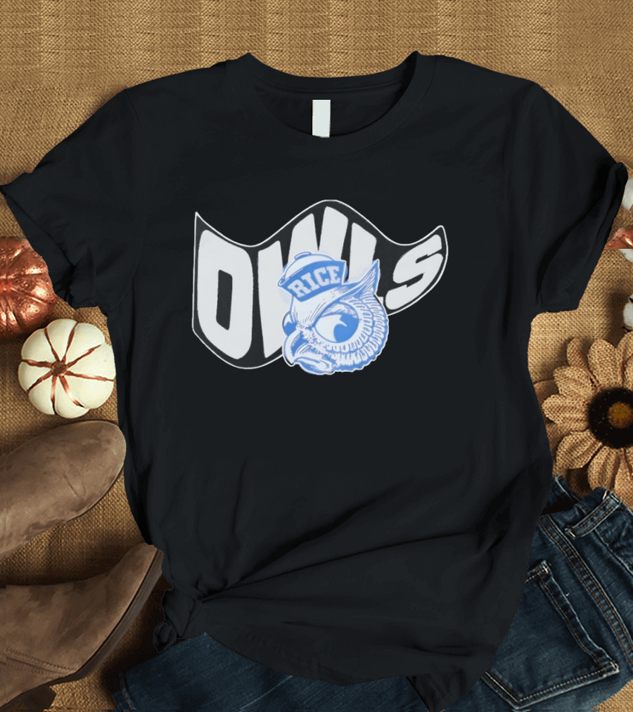 Rice Owls Waving Flag Bold Script With Blue Owl T-Shirt