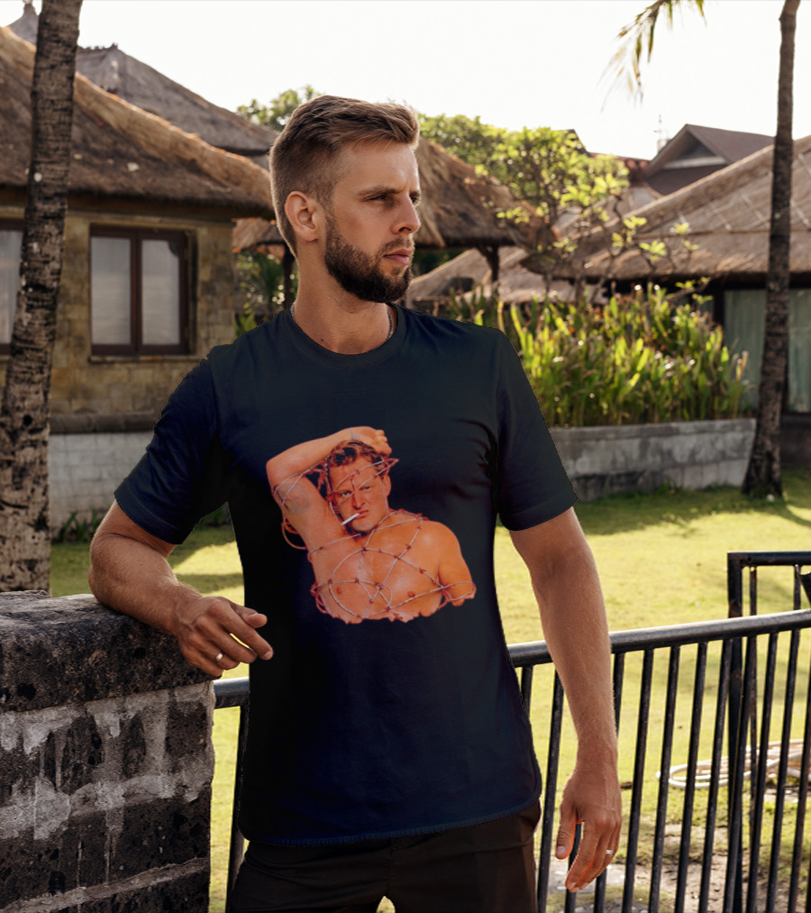 Sandman Barbed Wire Screenprinted Wrapping Wrestler With Cigarette T-Shirt