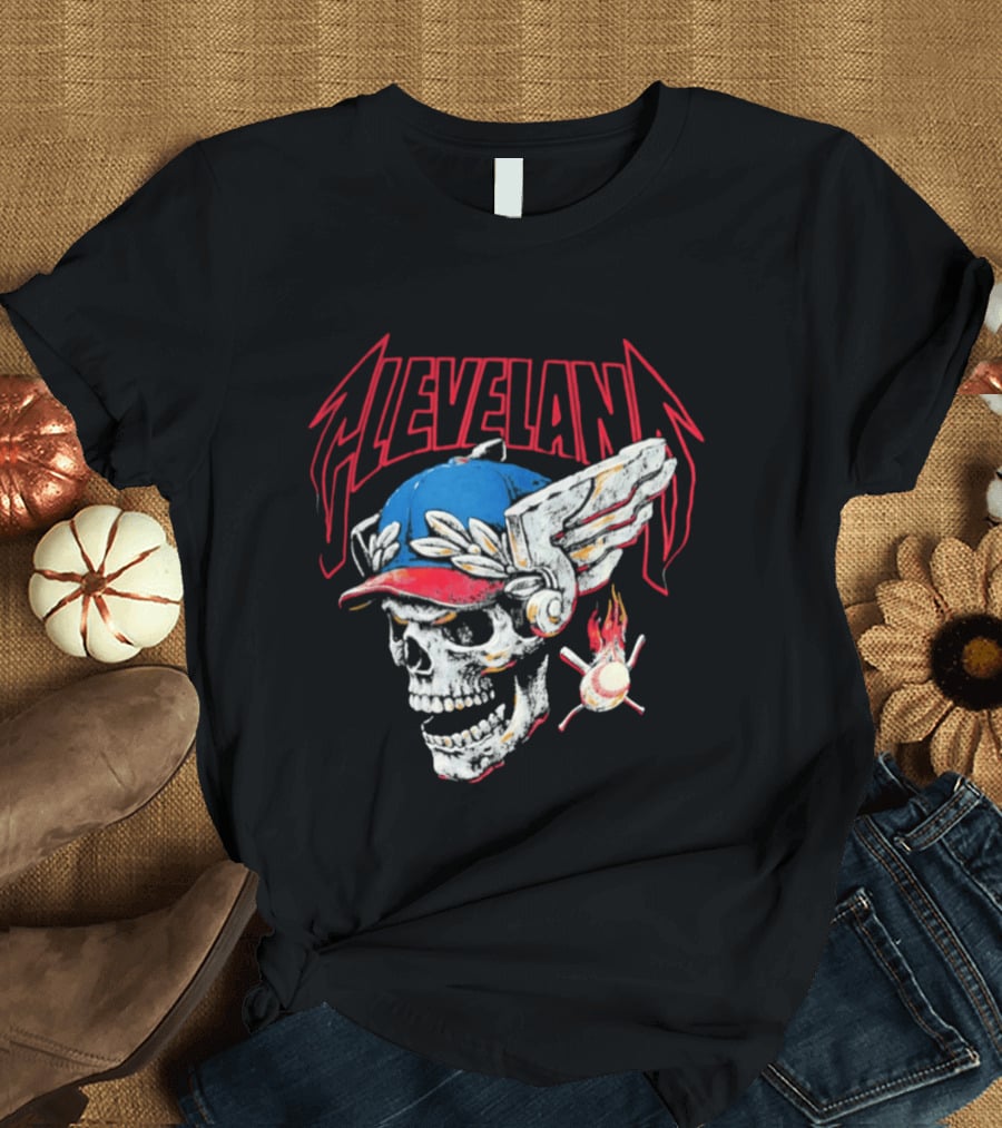 Cleveland Skull Flames Winged Helmet Baseball Bat And Ball T-Shirt