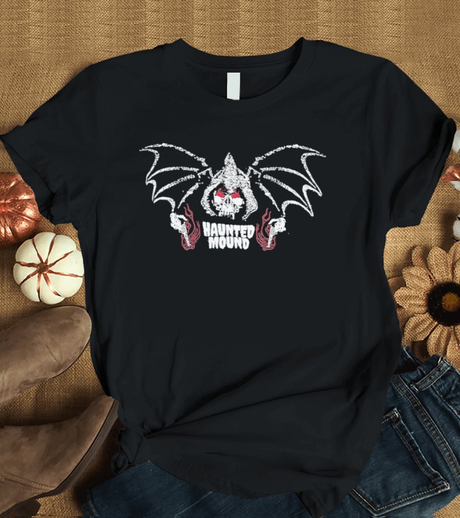 Haunted Mound Reaper With Bat Wings And Red Flames T-Shirt