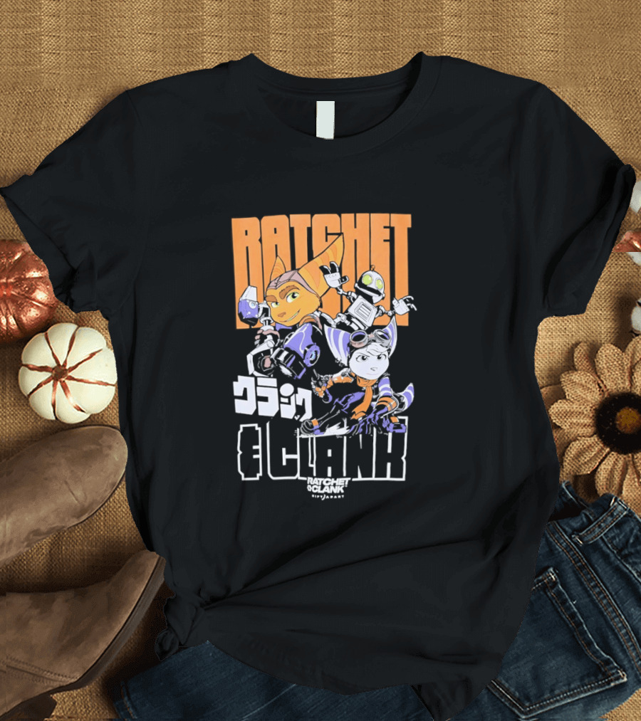Ratchet And Clank Characters Orange And White Illustration With Japanese T-Shirt