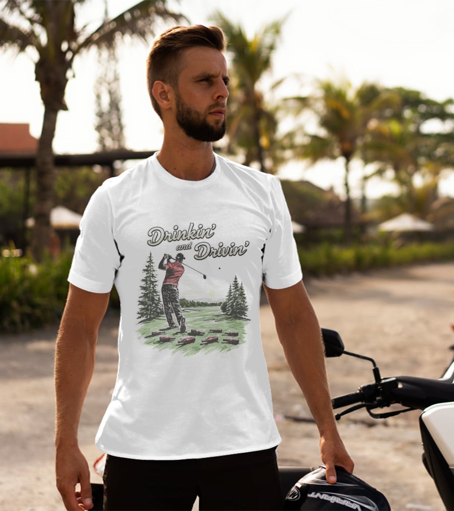 Drinkin' And Drivin' Man Playing Golf With Sunset And Trees T-Shirt