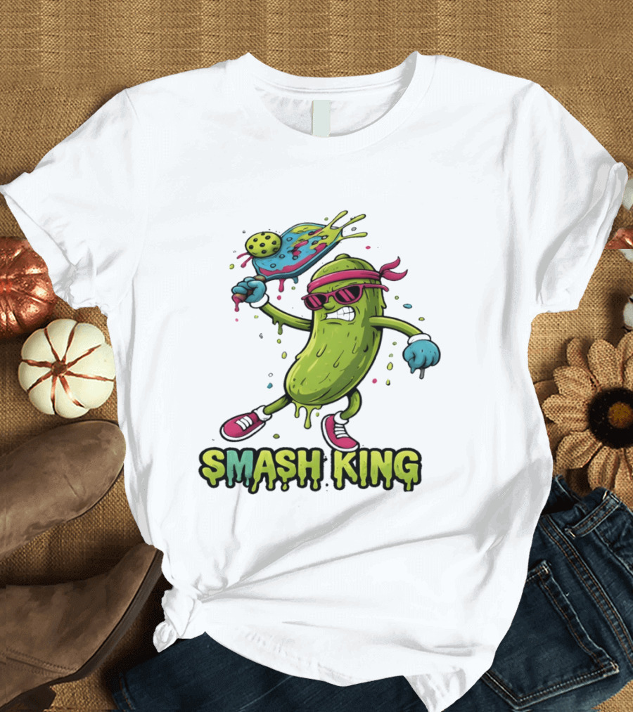 Smash King Pickleball Pickle Character With Paddle And Ball T-Shirt