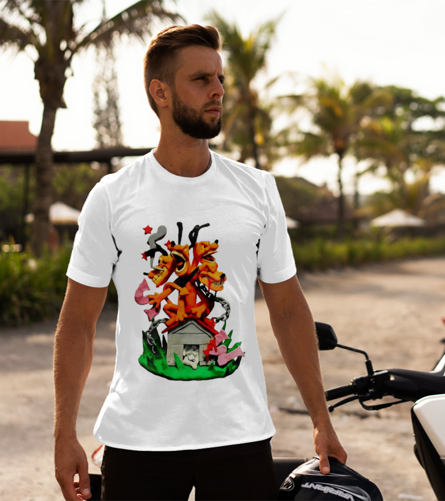 Three Head Monster Dog Cerberus Cartoon Chain House Statue T-Shirt