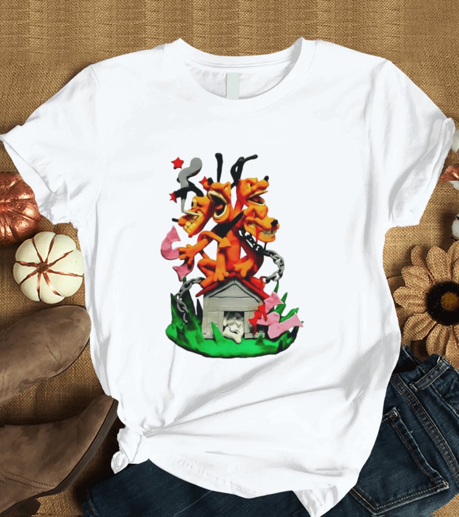 Three Head Monster Dog Cerberus Cartoon Chain House Statue T-Shirt
