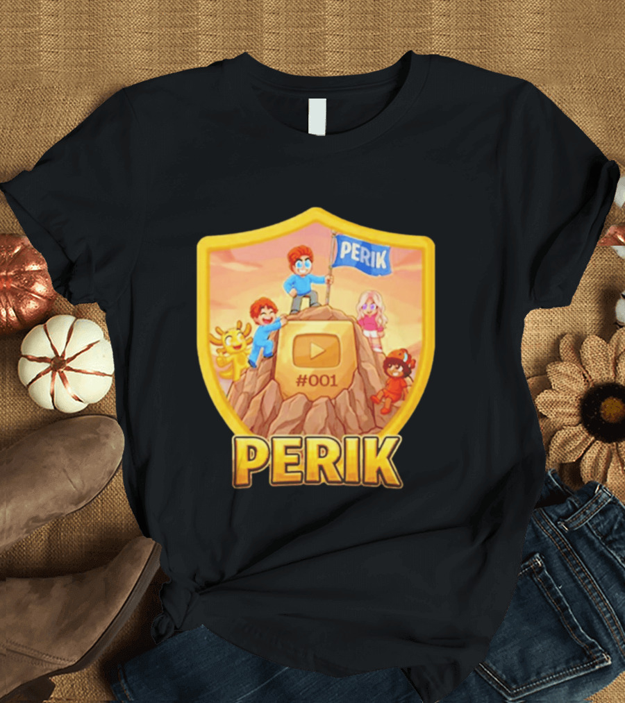 Perik #001 Cartoon Characters On Mountain With YouTube Play Button Image T-Shirt