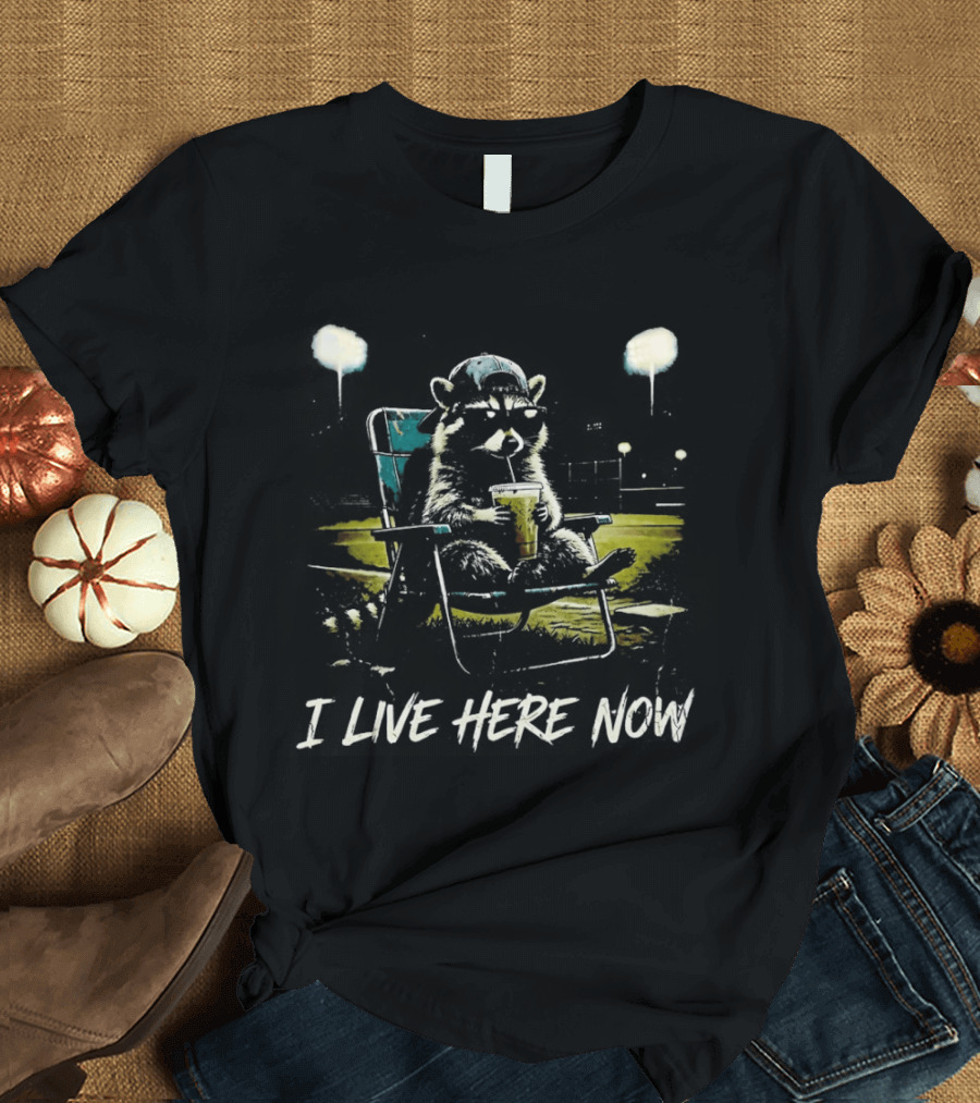 Raccoon I Live Here Now Baseball Ballfield Stadium Lights Sports T-Shirt