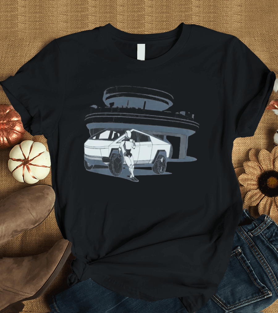 Tesla Cybertruck And Robot At Space Age Coffee Counter T-Shirt