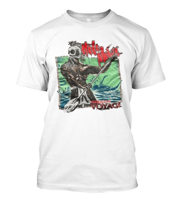 Holo Moana Hawaiian Voyage Paddler With Tribal Mask And Canoe Scene T-Shirt