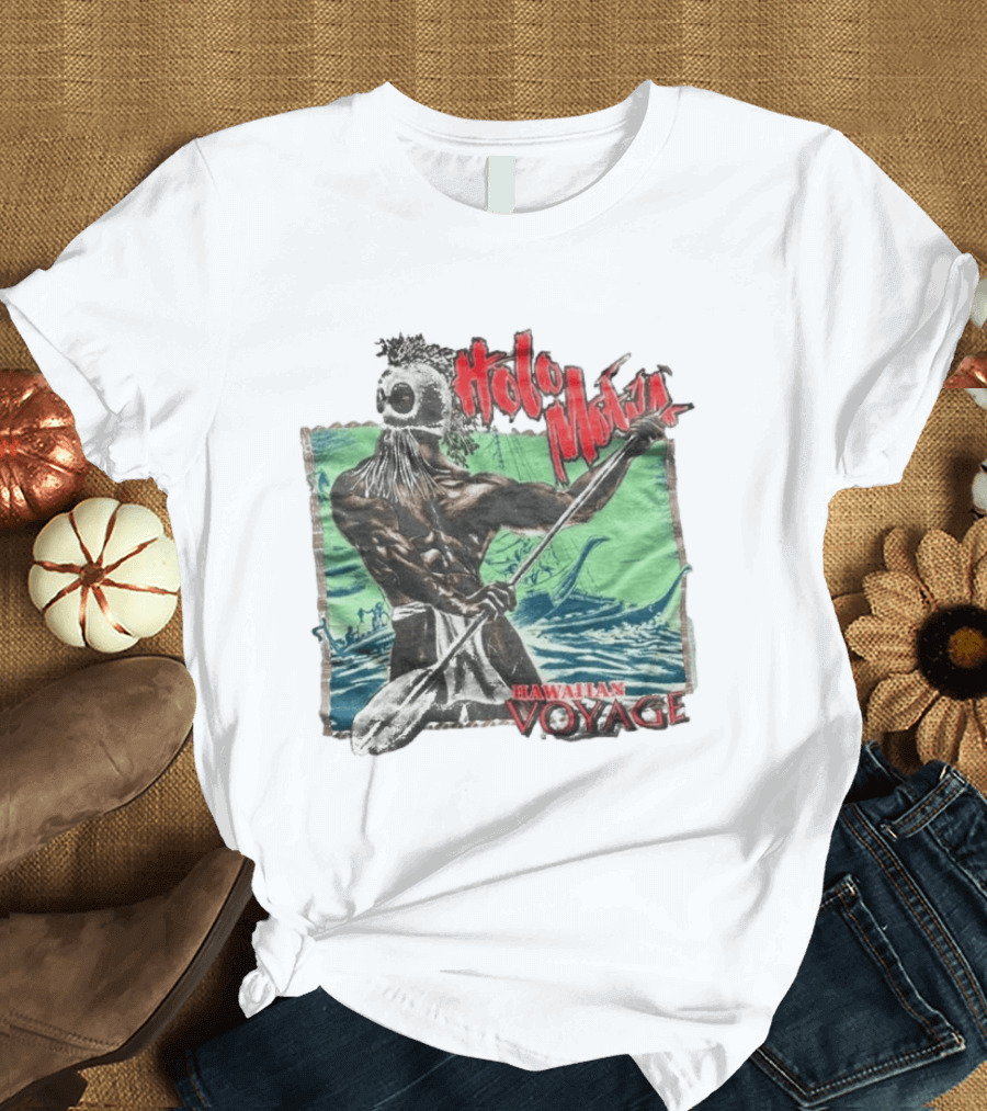 Holo Moana Hawaiian Voyage Paddler With Tribal Mask And Canoe Scene T-Shirt