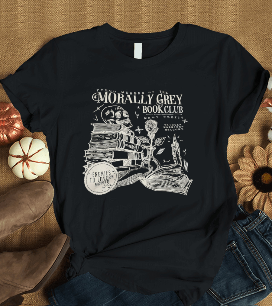 Morally Grey Book Club Skull Candle Rose Stacked Books Open Pages Stars T-Shirt
