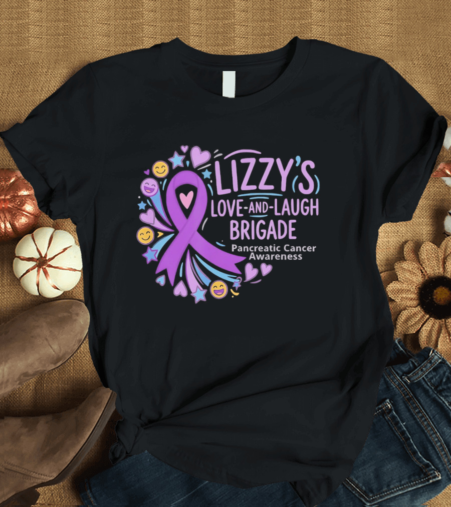 Lizzy's Love And Laugh Brigade Pancreatic Cancer Awareness Purple Ribbon Hearts And Smiles T-Shirt