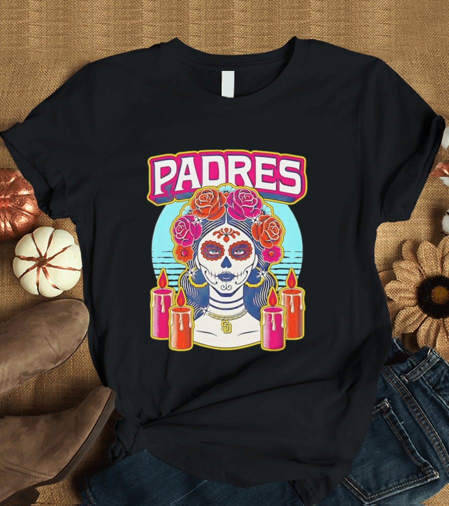 San Diego Padres La Catrina Dia De Los Muertos Candles And Flowers T-Shirt