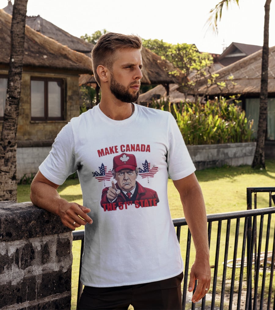 Make Canada The 51st State Trump Red Cap Maple Leaf Stars Stripes T-Shirt