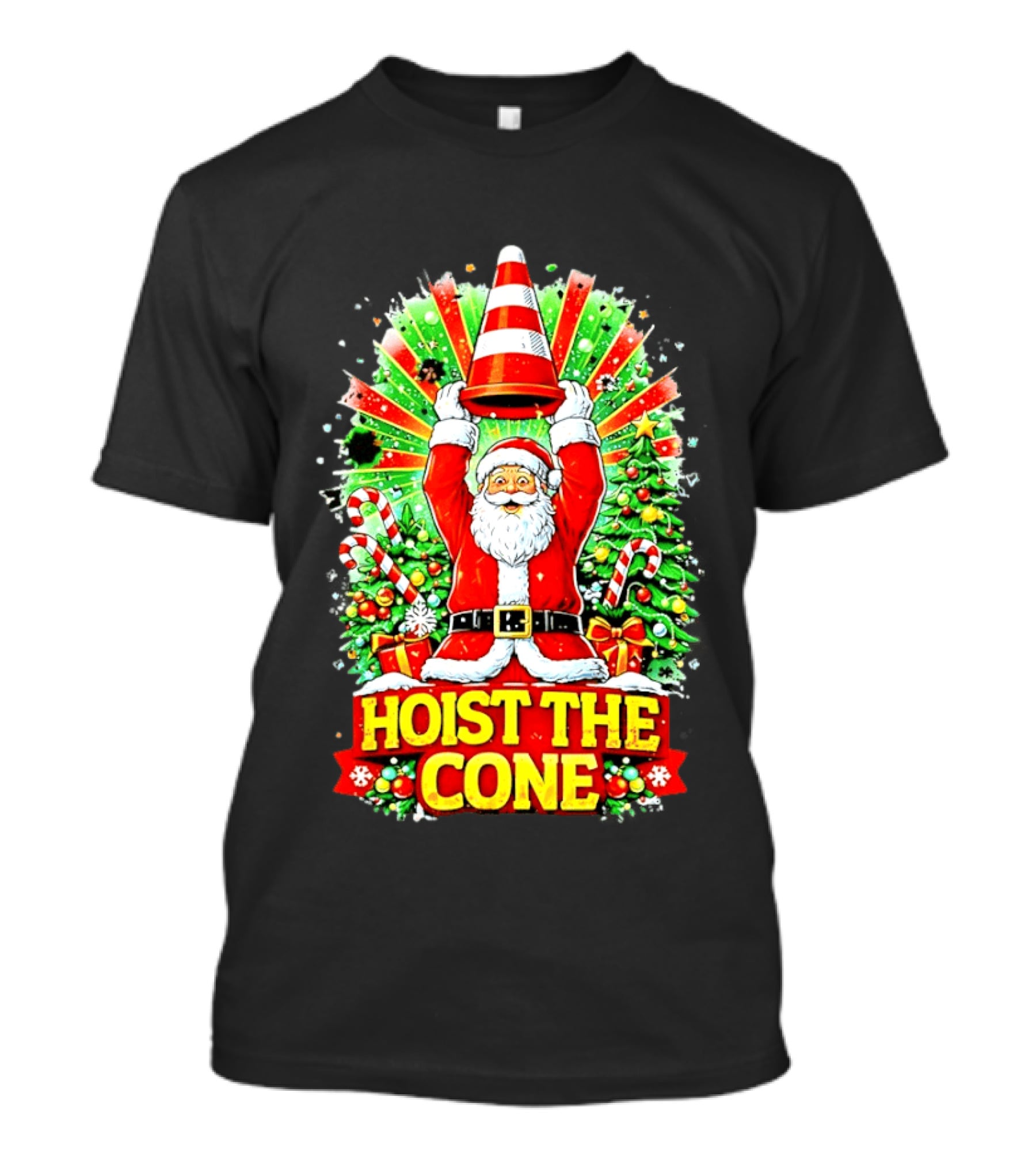 Santa Hoist The Cone Christmas Lights Tree Candy Canes T-Shirt