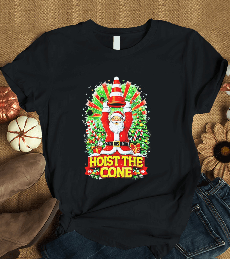 Santa Hoist The Cone Christmas Lights Tree Candy Canes T-Shirt