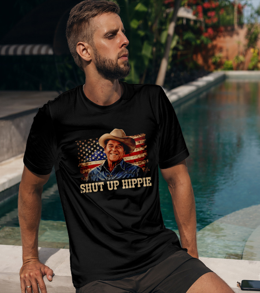 Shut Up Hippie Ronald Reagan Cowboy Hat American Flag T-Shirt
