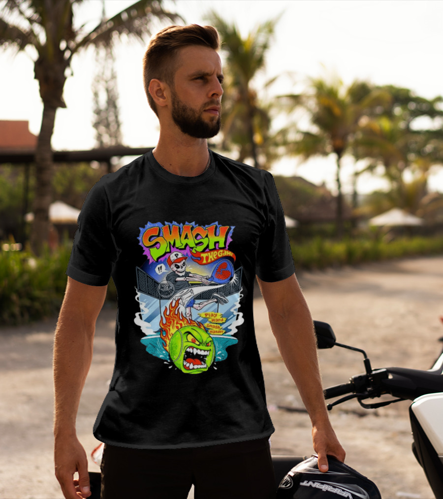 Smash The Game Play Hard Smash Harder Skeleton Playing Pickleball With Fiery Ball And Court T-Shirt