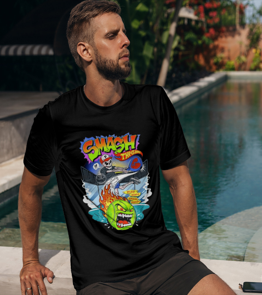 Smash The Game Play Hard Smash Harder Skeleton Playing Pickleball With Fiery Ball And Court T-Shirt