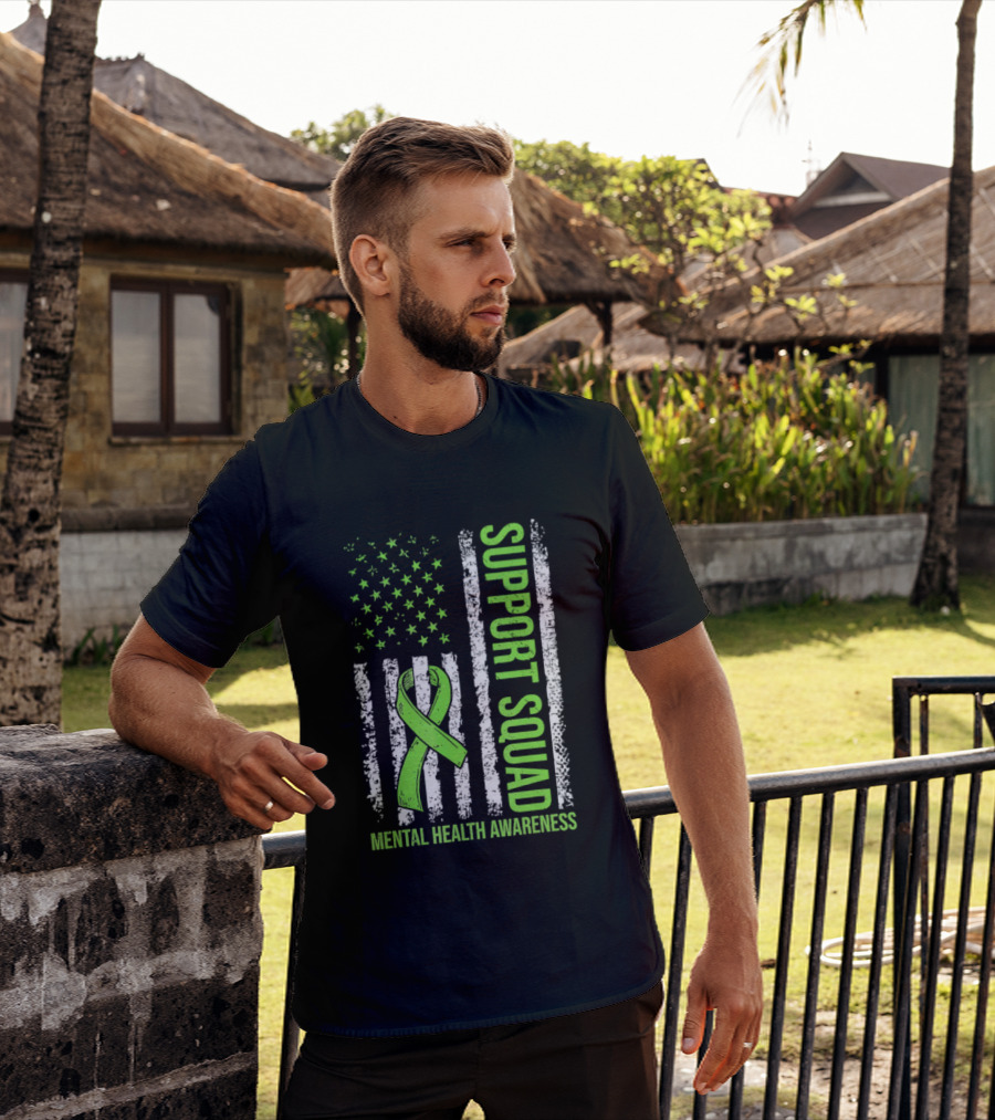 Support Squad US Flag Green Ribbon Mental Health Awareness T-Shirt