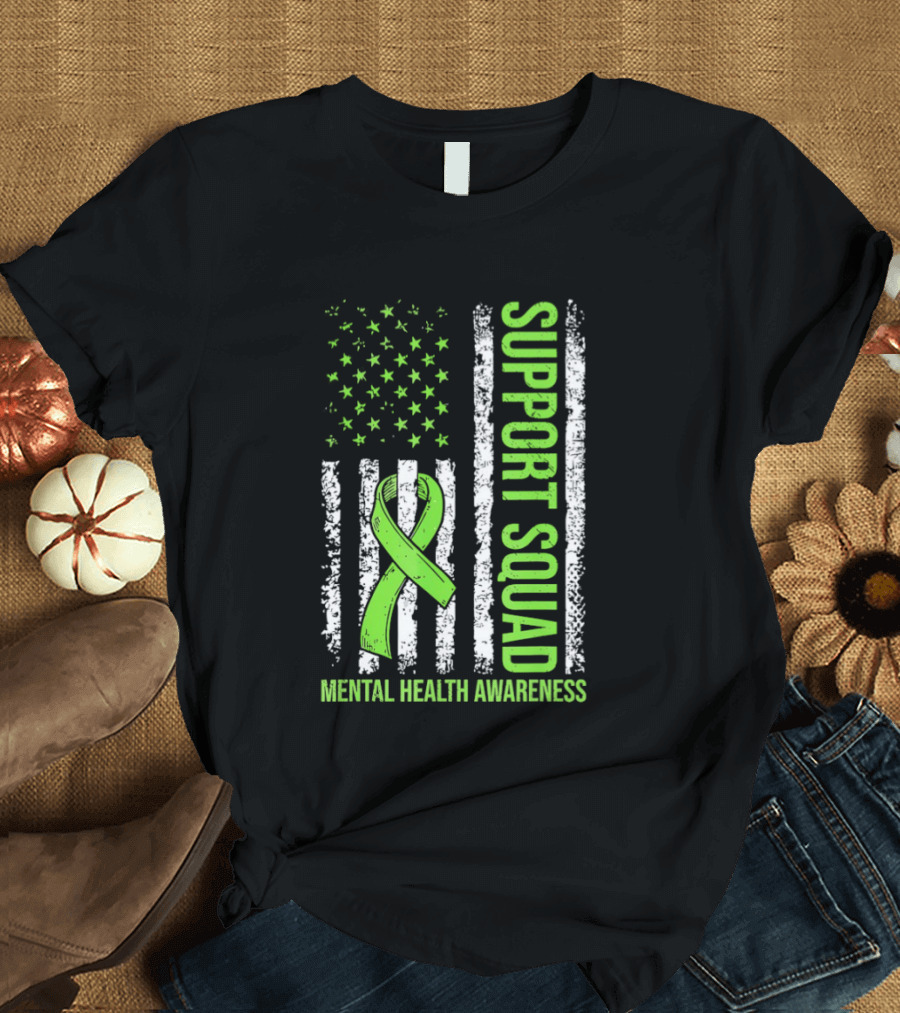 Support Squad US Flag Green Ribbon Mental Health Awareness T-Shirt