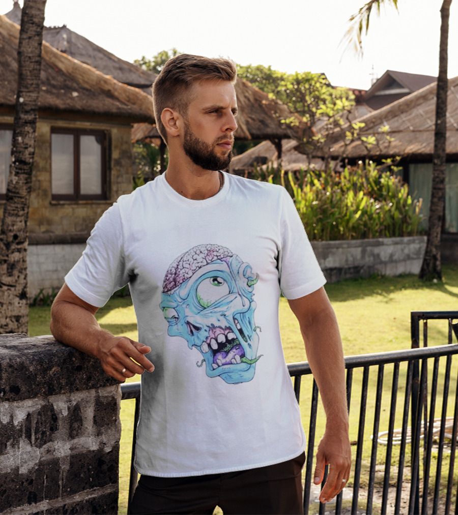 Annoyed Monster Head Zombie Skull Illustration With Exposed Brain And Worms T-Shirt