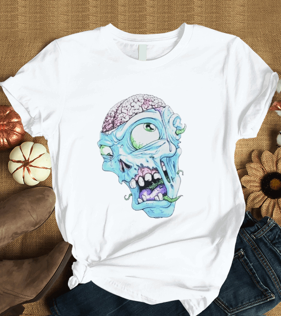 Annoyed Monster Head Zombie Skull Illustration With Exposed Brain And Worms T-Shirt