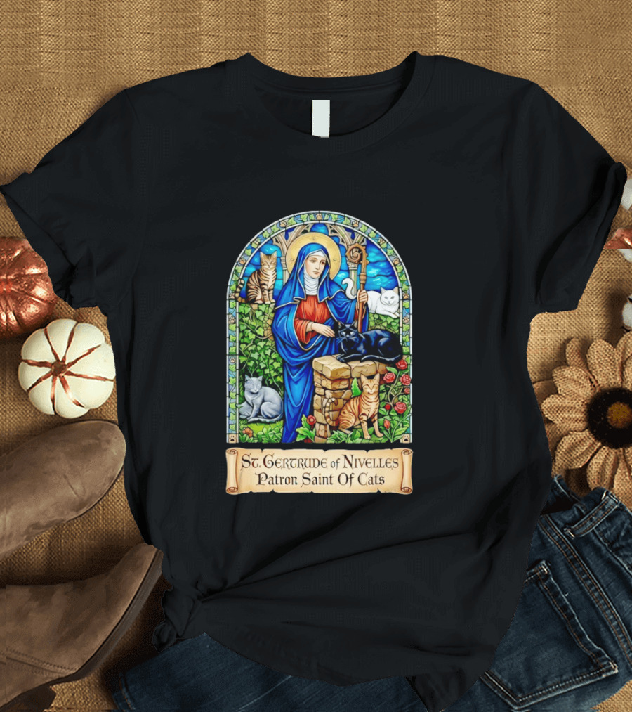 St. Gertrude Of Nivelles Patron Saint Of Cats Iconic Stained Glass Cat T-Shirt