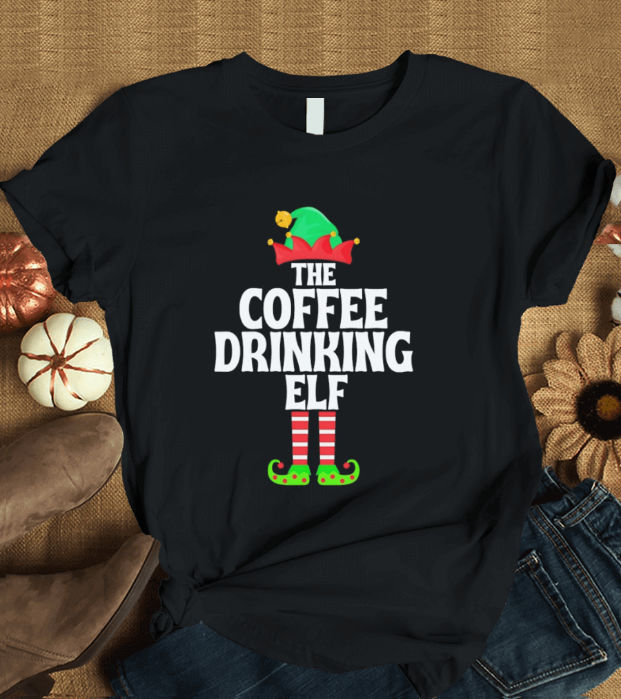The Coffee Drinking Elf Red Green Jester Hat Striped Socks T-Shirt