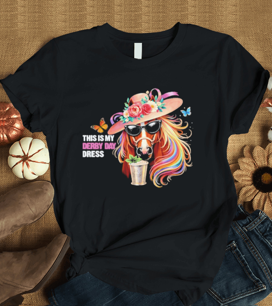 This Is My Derby Day Dress Horse Racing Party Butterfly Rainbow Hat Floral Cocktail T-Shirt