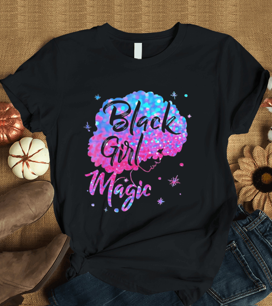 Black Girl Magic Vibrant Neon Glitter Afro T-Shirt