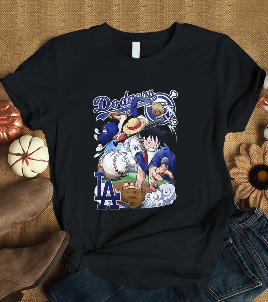 Luffy Los Angeles Dodgers One Piece Anime Crossover MLB Collaboration T-Shirt