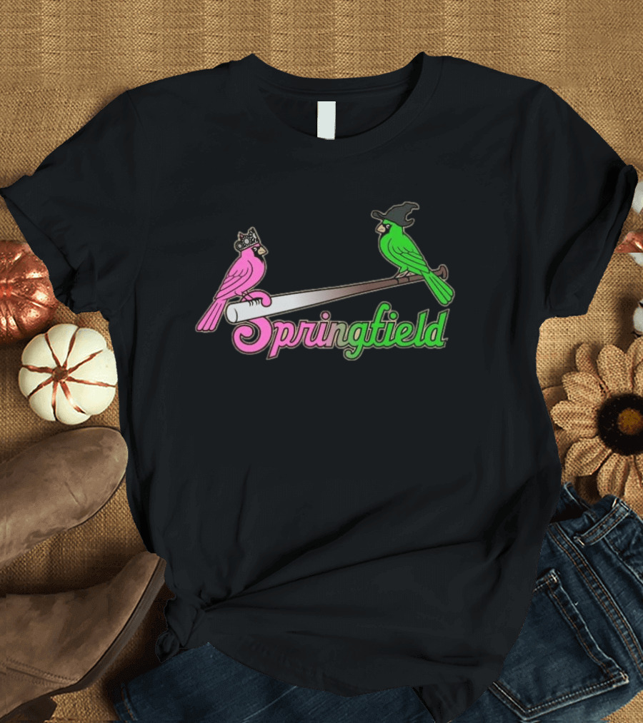 Springfield Cardinals Pink And Green Birds With Crown And Witch Hat Baseball Bat T-Shirt