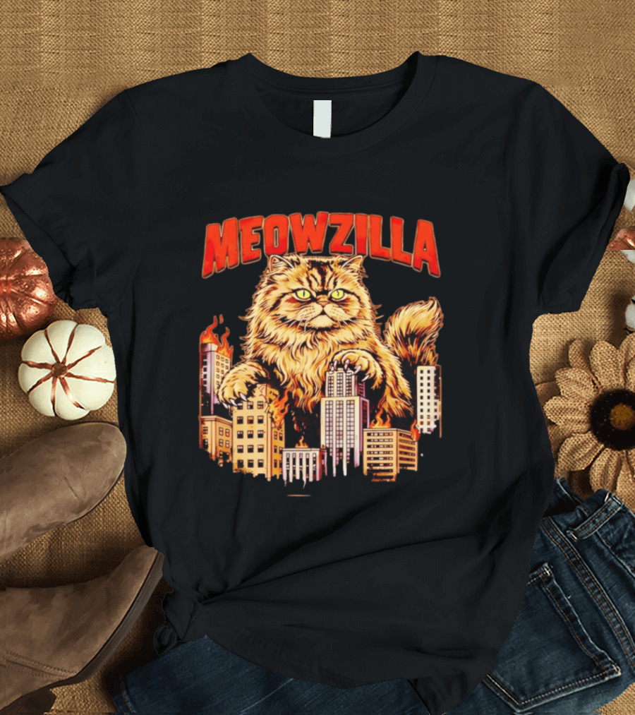 Meowzilla Giant Cat Rampage Over Burning City Skyline T-Shirt