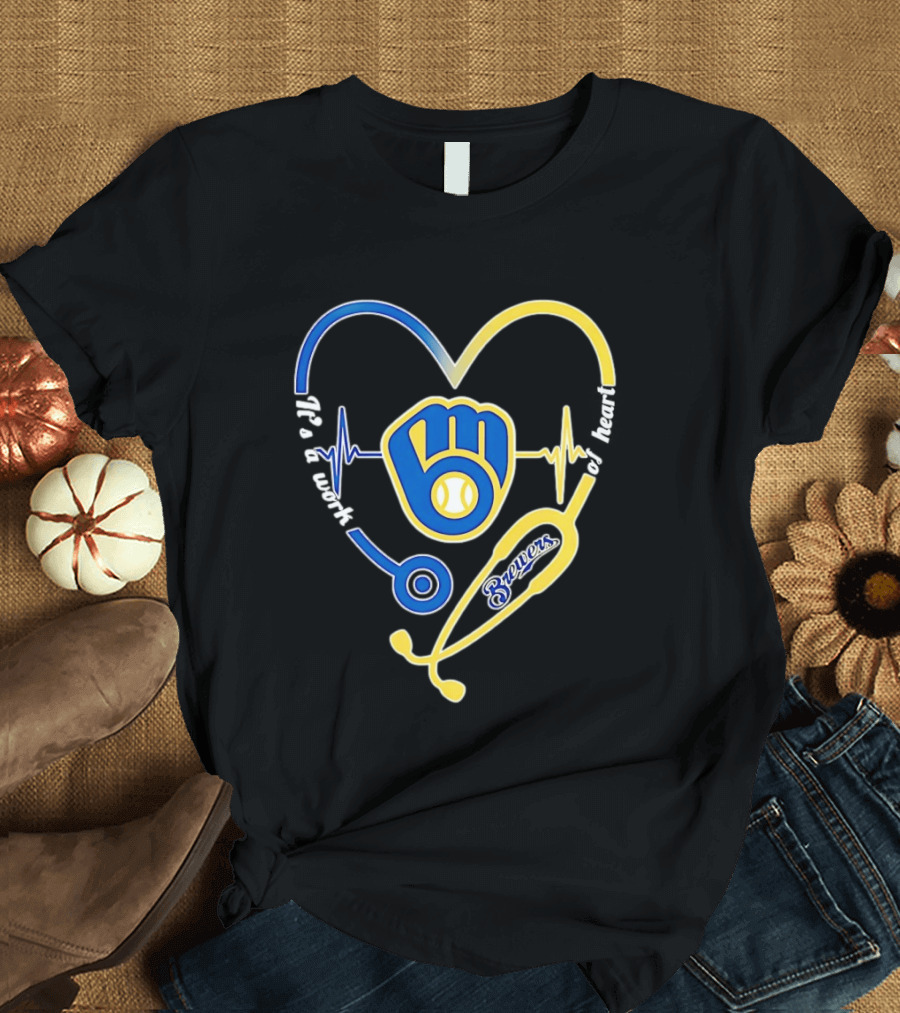 Milwaukee Brewers Baseball Heartbeat Stethoscope It's A Work Of Heart T-Shirt
