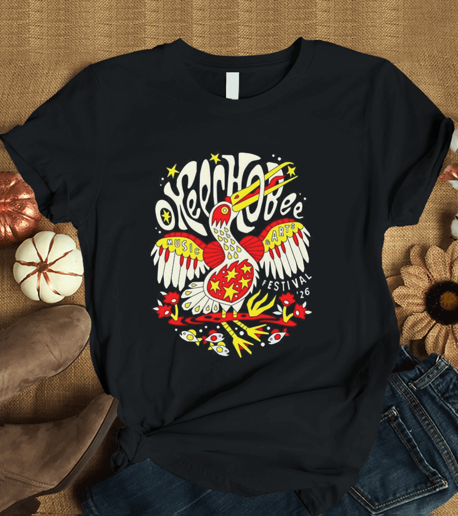 Okeechobee Music Arts Festival 2026 Psychedelic Pelican Stars Feathers Florals T-Shirt
