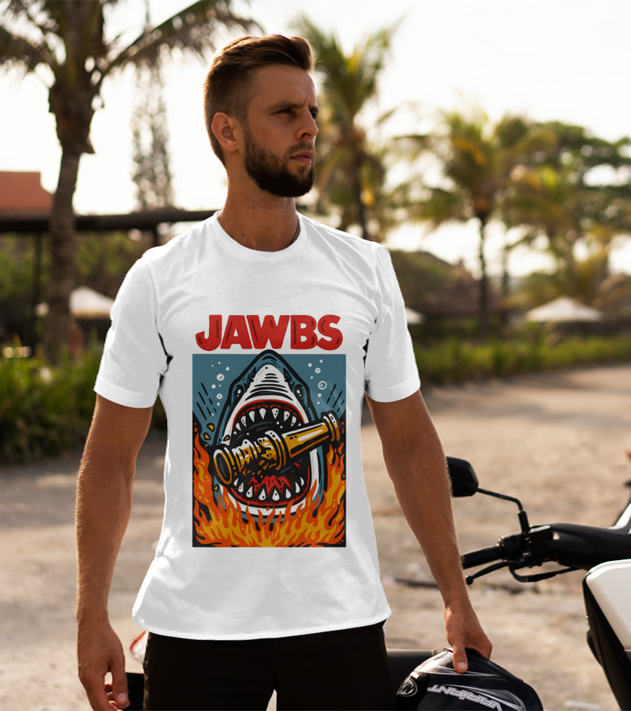 JAWS Jawbs Shark Biting Fire Hose Surrounded By Flames T-Shirt