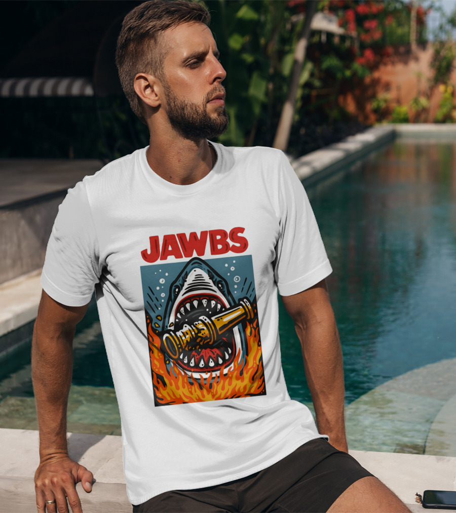 JAWS Jawbs Shark Biting Fire Hose Surrounded By Flames T-Shirt