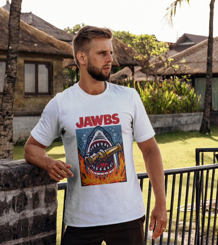 JAWS Jawbs Shark Biting Fire Hose Surrounded By Flames T-Shirt