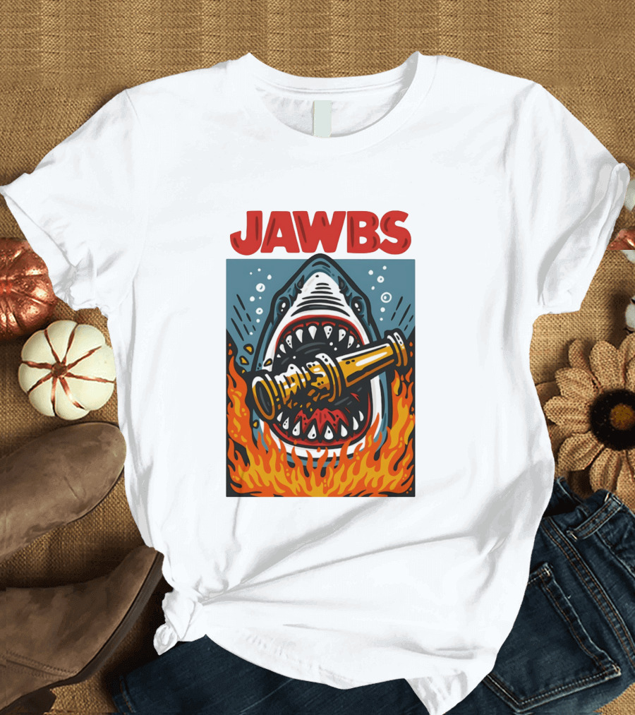 JAWS Jawbs Shark Biting Fire Hose Surrounded By Flames T-Shirt