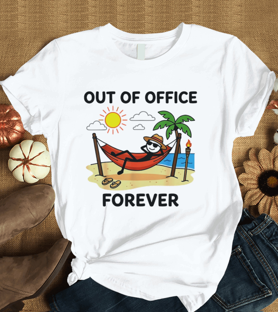 Out Of Office Forever Stick Figure In Hammock On Beach Vacation T-Shirt