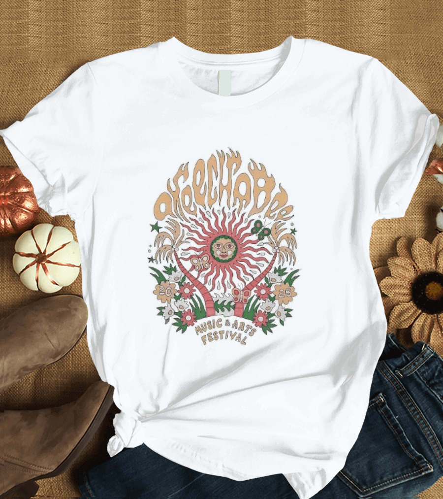 Okeechobee Music And Arts Festival 2026 Sun Illustration With Palm Trees And Floral Accents T-Shirt