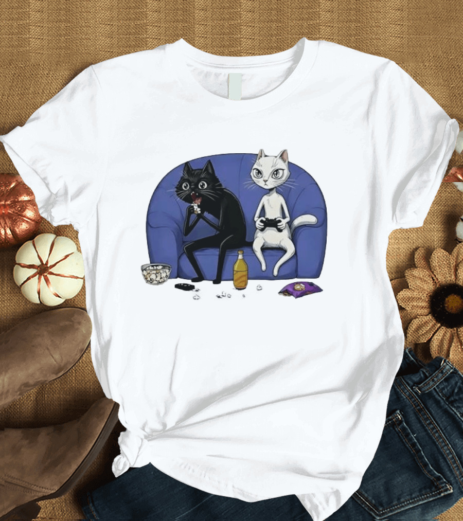 Two Cats One Couch Endless Fun Playing Games With Snacks And Popcorn T-Shirt