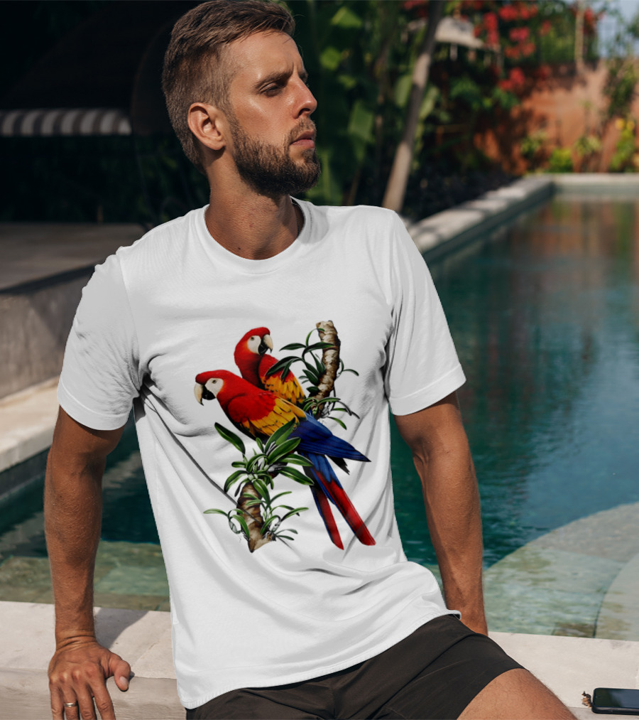 Parrot On Bret's Scarlet Macaw Tropical Branches T-Shirt