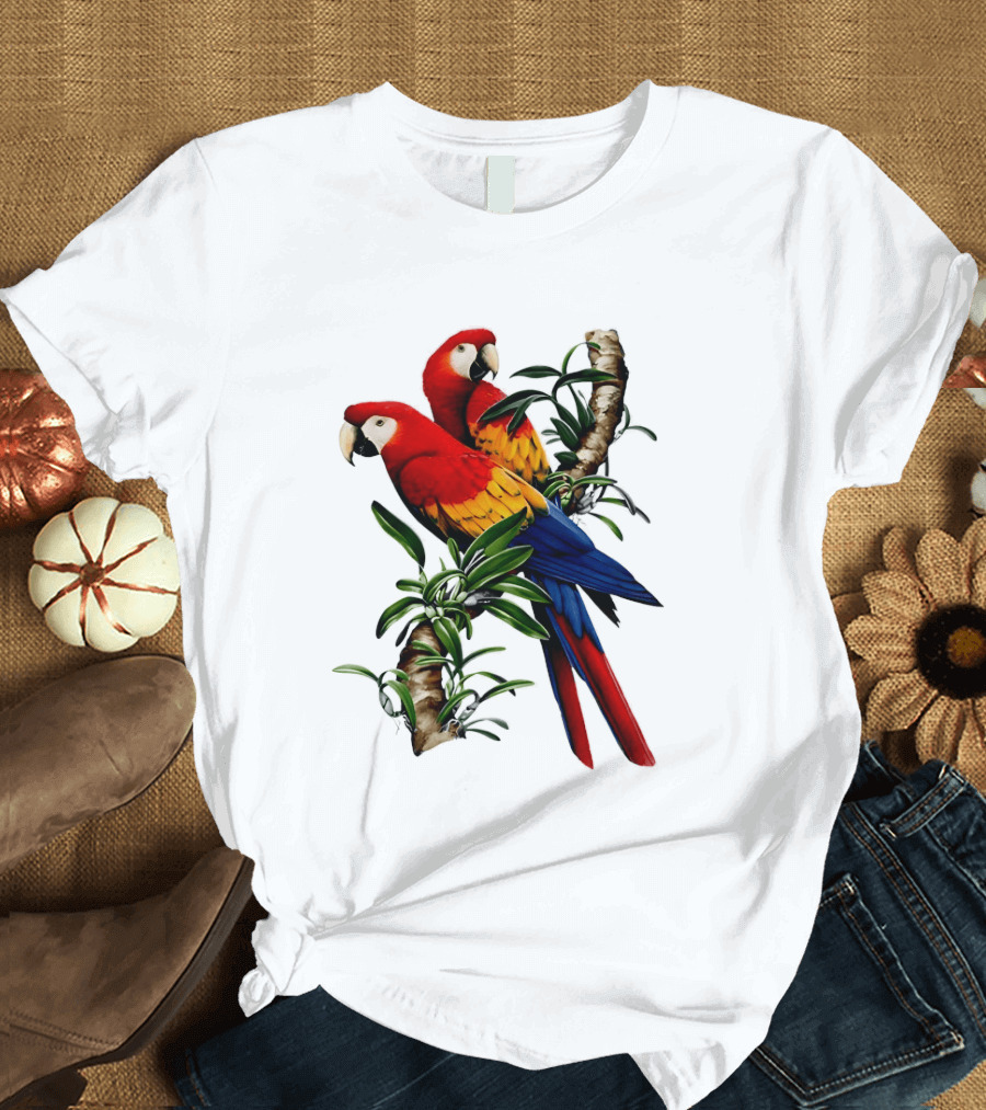 Parrot On Bret's Scarlet Macaw Tropical Branches T-Shirt
