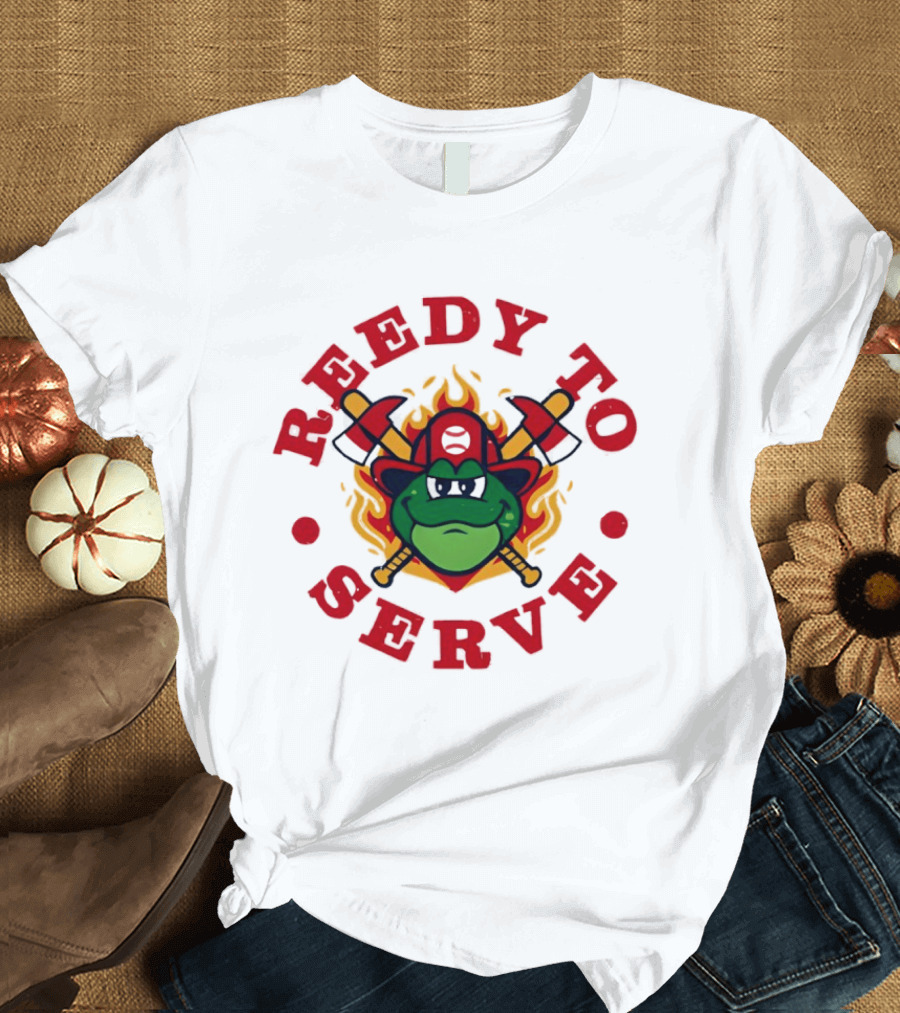 Reedy To Serve Reedy Rip'it The Frog Greenville Drive Baseball Firefighter T-Shirt